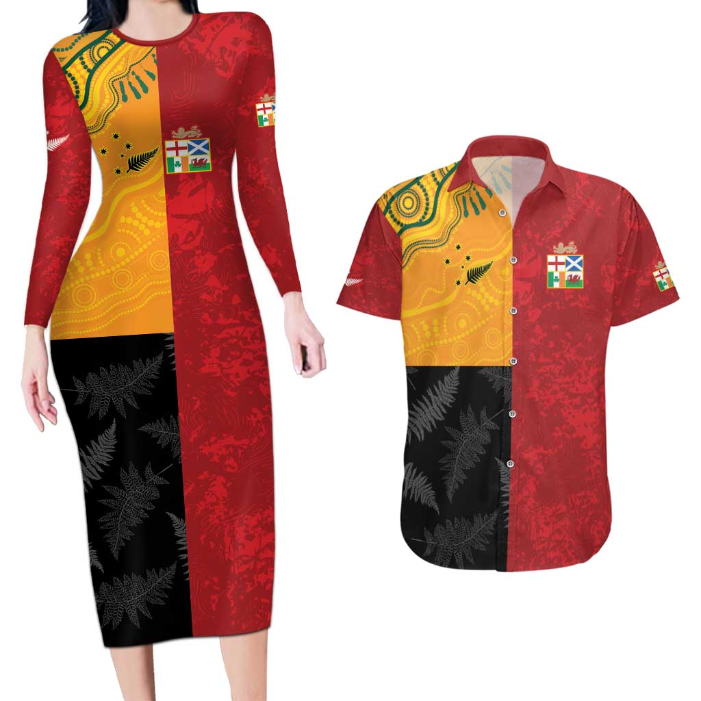 Custom British Lions-AUNZ Couples Matching Long Sleeve Bodycon Dress and Hawaiian Shirt Australia-New Zealand Indigenous Motif LT9 Red - Polynesian Pride
