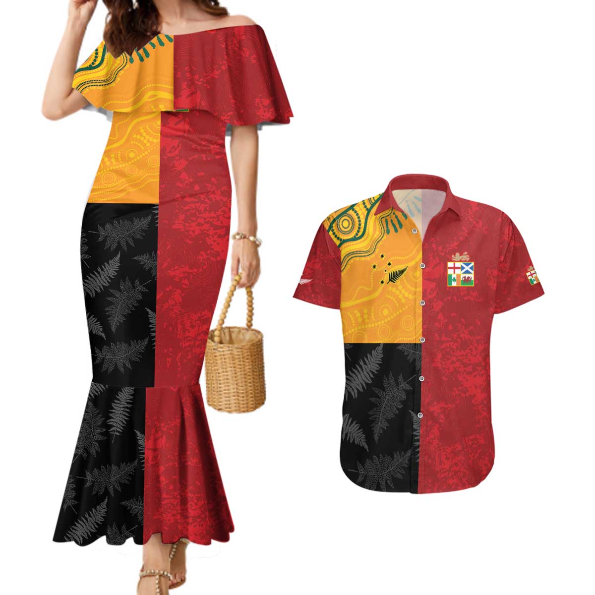 Custom British Lions-AUNZ Couples Matching Mermaid Dress and Hawaiian Shirt Australia-New Zealand Indigenous Motif LT9 Red - Polynesian Pride
