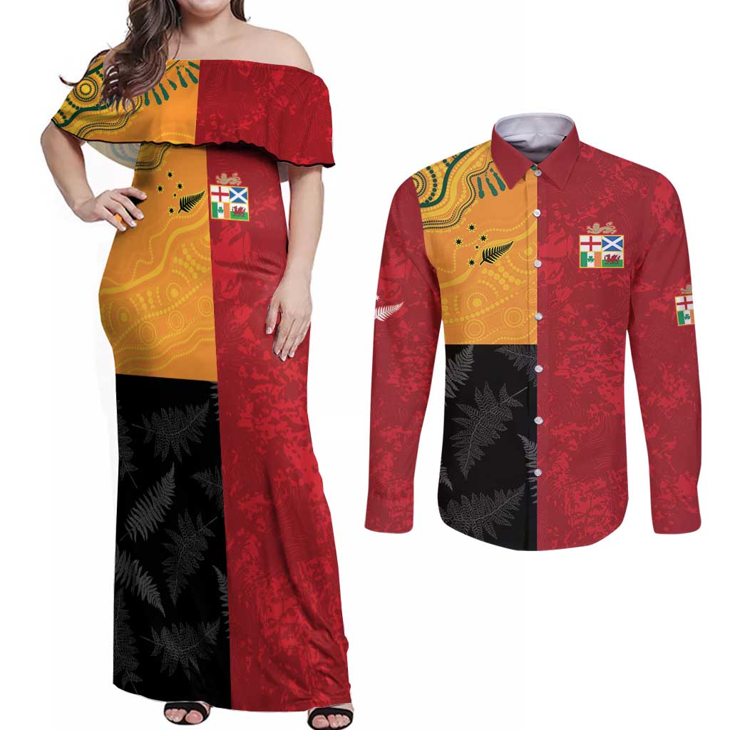 Custom British Lions-AUNZ Couples Matching Off Shoulder Maxi Dress and Long Sleeve Button Shirt Australia-New Zealand Indigenous Motif LT9 Red - Polynesian Pride