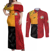 Custom British Lions-AUNZ Couples Matching Off Shoulder Maxi Dress and Long Sleeve Button Shirt Australia-New Zealand Indigenous Motif LT9 Red - Polynesian Pride