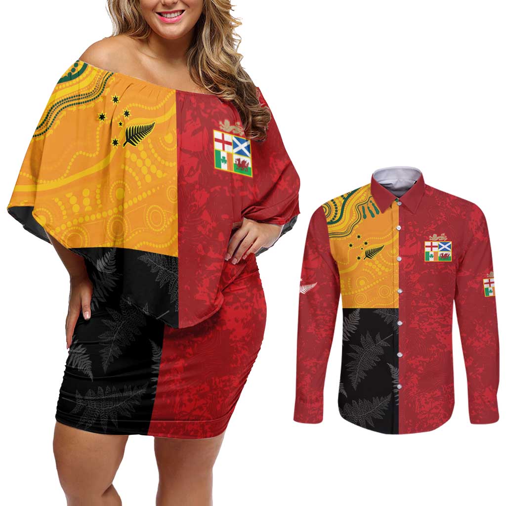 Custom British Lions-AUNZ Couples Matching Off Shoulder Short Dress and Long Sleeve Button Shirt Australia-New Zealand Indigenous Motif LT9 Red - Polynesian Pride