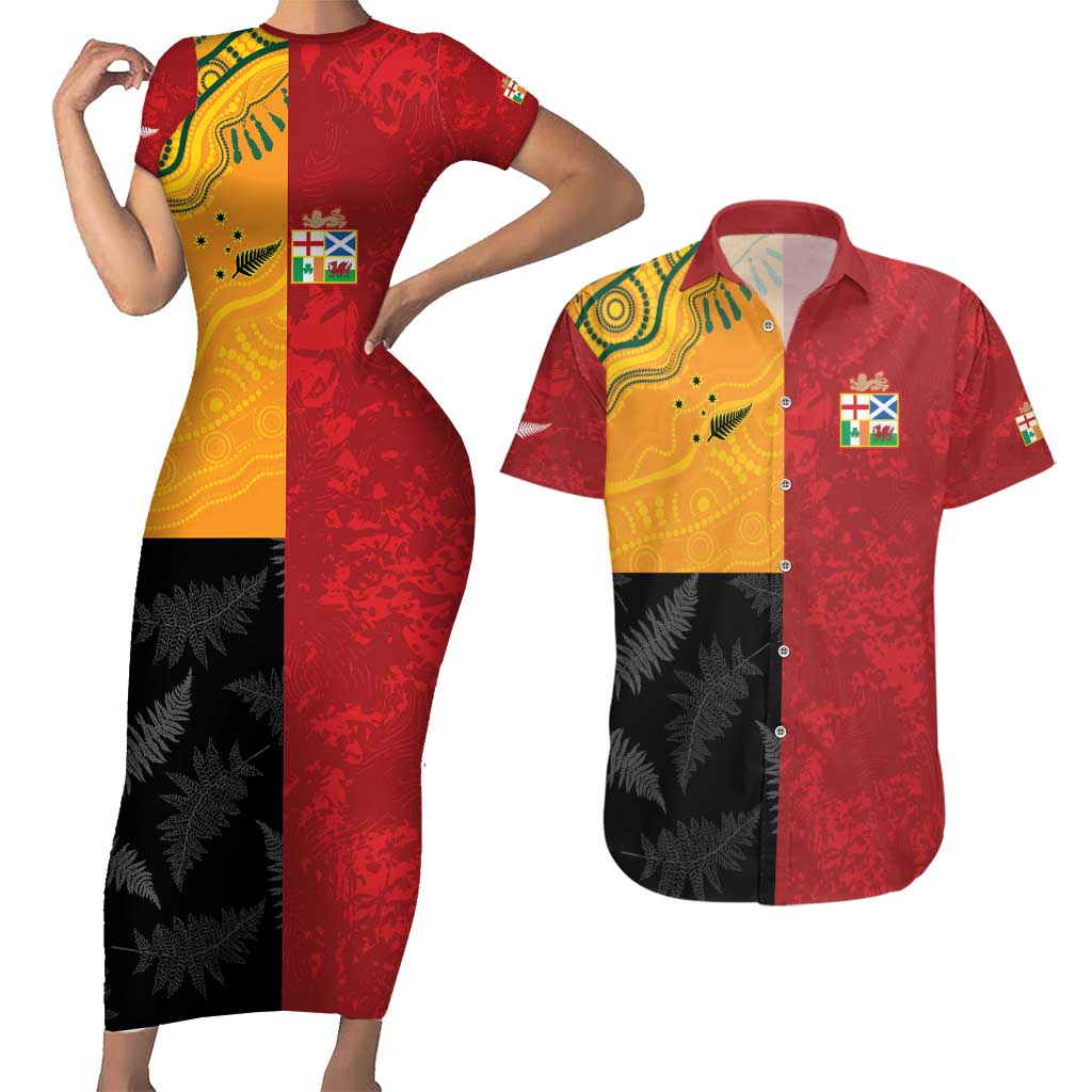 Custom British Lions-AUNZ Couples Matching Short Sleeve Bodycon Dress and Hawaiian Shirt Australia-New Zealand Indigenous Motif LT9 Red - Polynesian Pride
