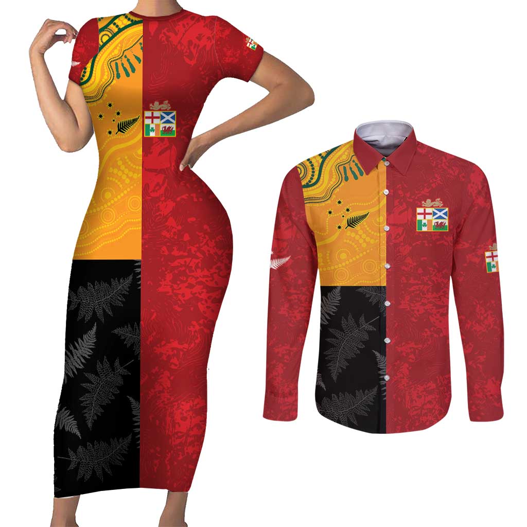 Custom British Lions-AUNZ Couples Matching Short Sleeve Bodycon Dress and Long Sleeve Button Shirt Australia-New Zealand Indigenous Motif LT9 Red - Polynesian Pride