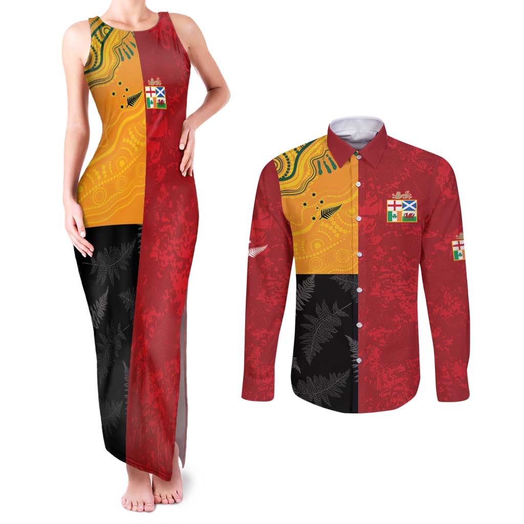 Custom British Lions-AUNZ Couples Matching Tank Maxi Dress and Long Sleeve Button Shirt Australia-New Zealand Indigenous Motif LT9 Red - Polynesian Pride