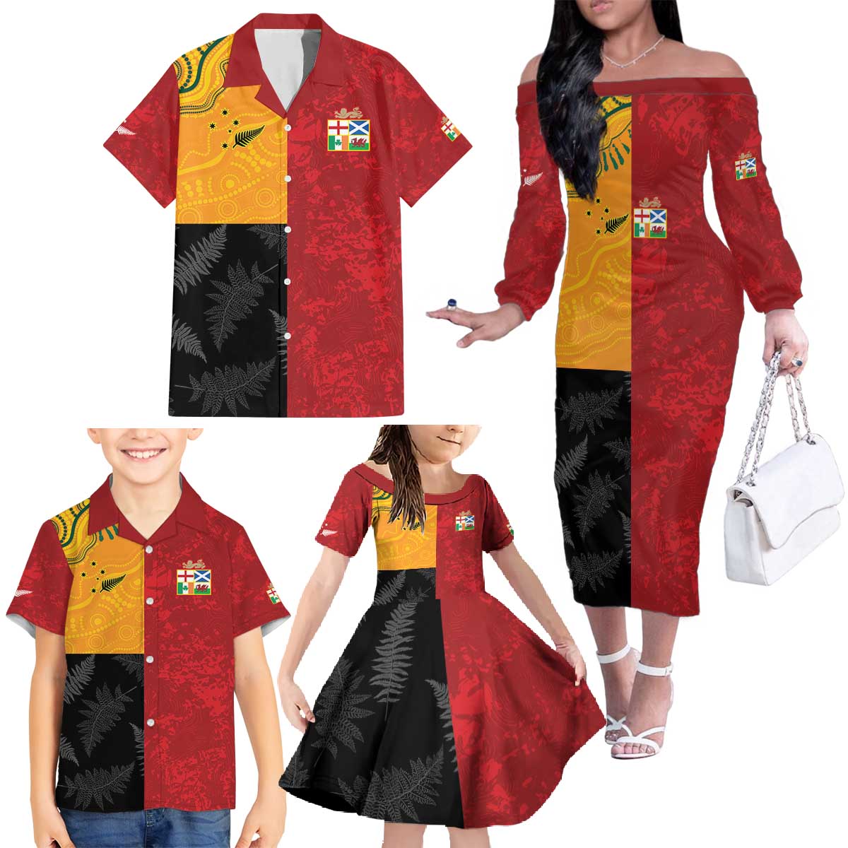 Custom British Lions-AUNZ Family Matching Off The Shoulder Long Sleeve Dress and Hawaiian Shirt Australia-New Zealand Indigenous Motif