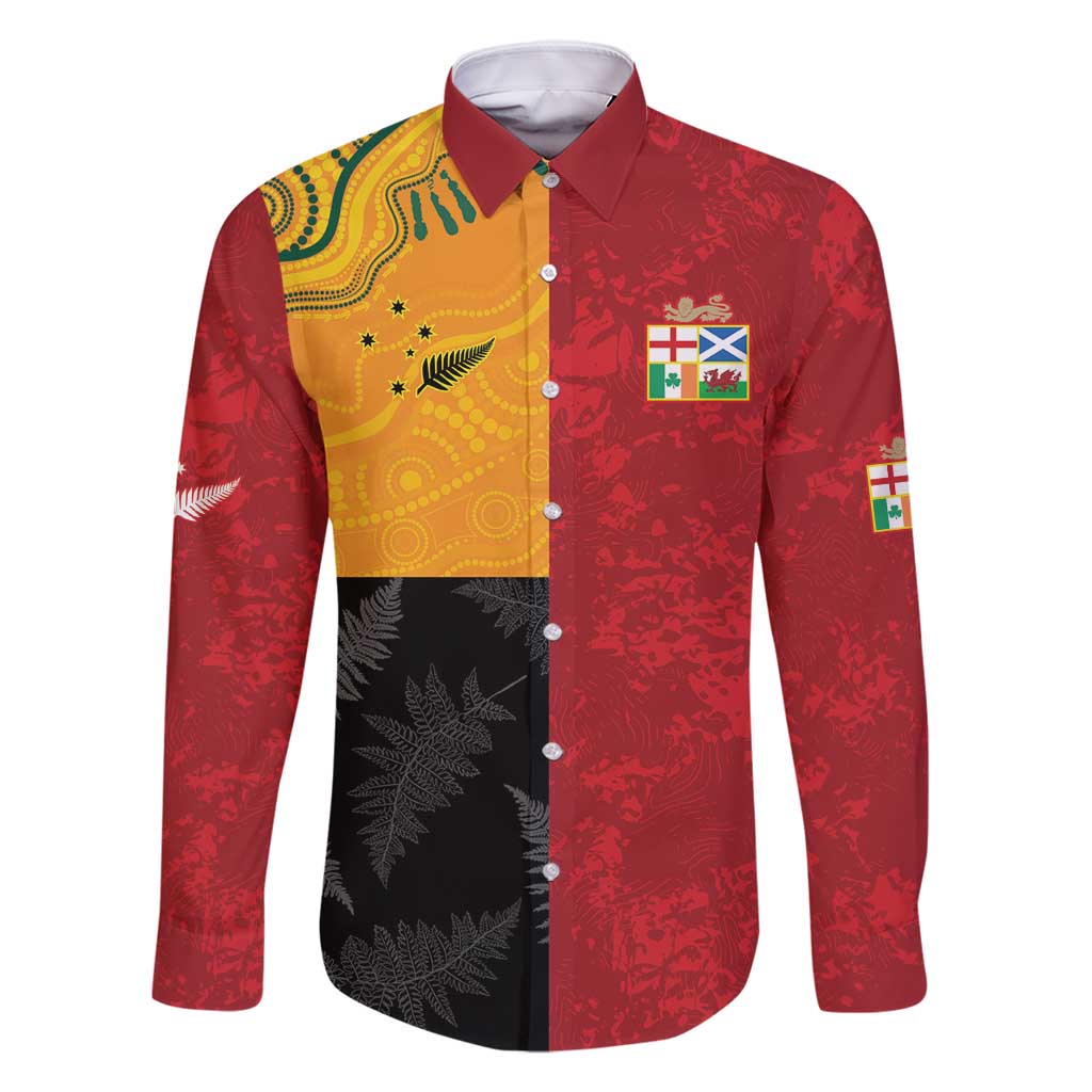 Custom British Lions-AUNZ Family Matching Off Shoulder Maxi Dress and Hawaiian Shirt Australia-New Zealand Indigenous Motif LT9 Dad's Shirt - Long Sleeve Red - Polynesian Pride