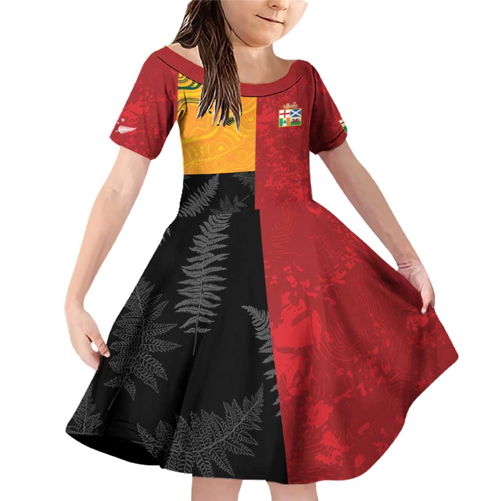 Custom British Lions-AUNZ Family Matching Off Shoulder Short Dress and Hawaiian Shirt Australia-New Zealand Indigenous Motif