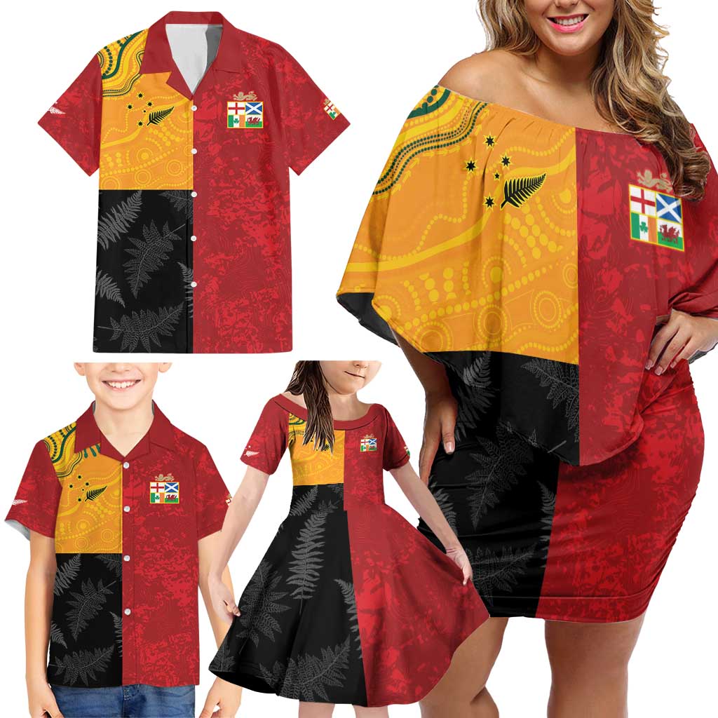 Custom British Lions-AUNZ Family Matching Off Shoulder Short Dress and Hawaiian Shirt Australia-New Zealand Indigenous Motif