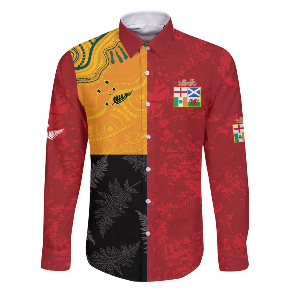 Custom British Lions-AUNZ Family Matching Puletasi and Hawaiian Shirt Australia-New Zealand Indigenous Motif LT9 Dad's Shirt - Long Sleeve Red - Polynesian Pride