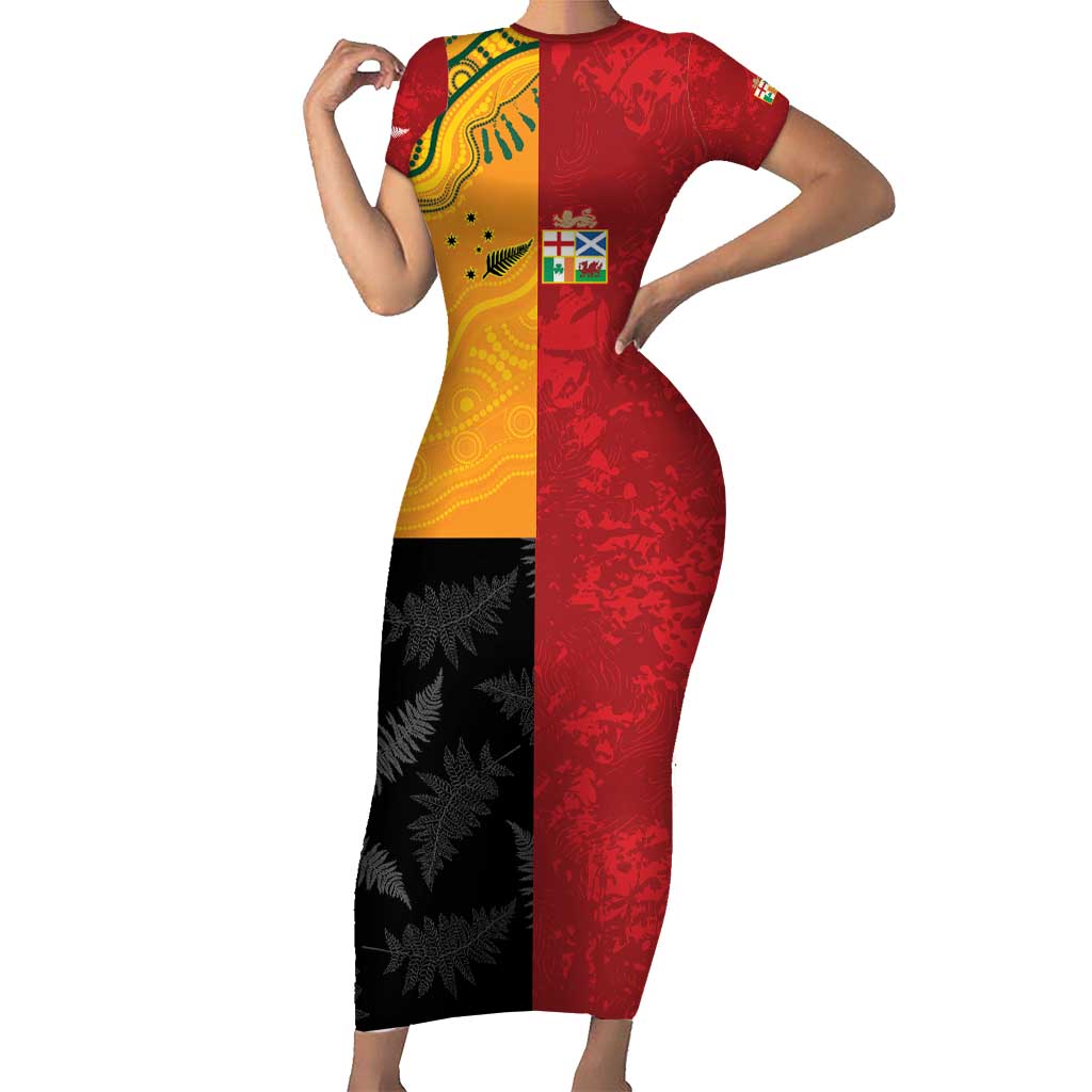 Custom British Lions-AUNZ Family Matching Short Sleeve Bodycon Dress and Hawaiian Shirt Australia-New Zealand Indigenous Motif LT9 Mom's Dress Red - Polynesian Pride