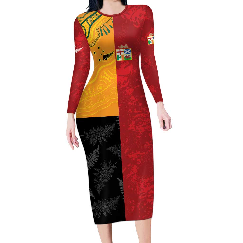 Custom British Lions-AUNZ Long Sleeve Bodycon Dress Australia-New Zealand Indigenous Motif