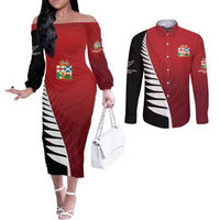 Custom British Lions New Zealand Couples Matching Off The Shoulder Long Sleeve Dress and Long Sleeve Button Shirt Half Black Fern LT9 Red - Polynesian Pride