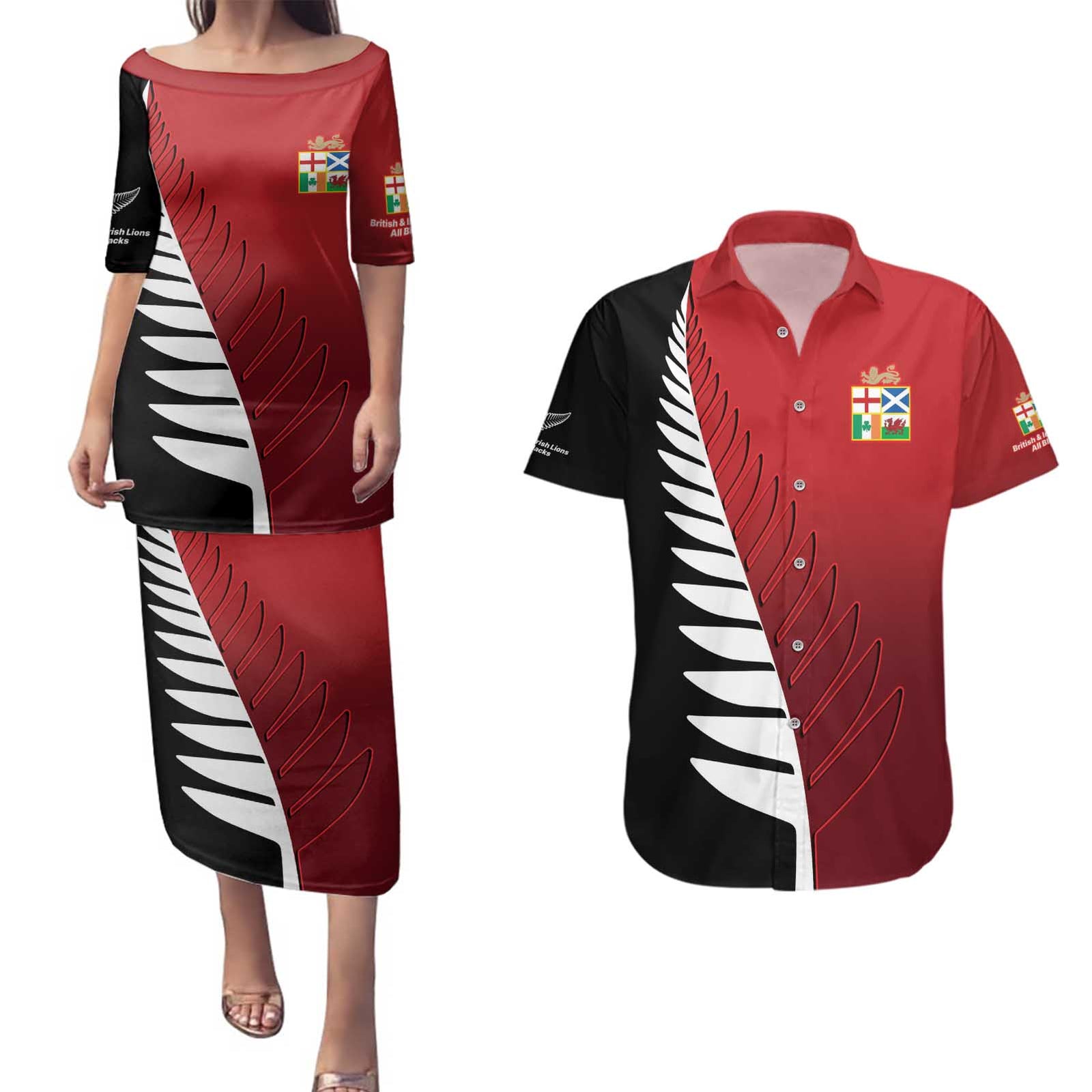 Custom British Lions New Zealand Couples Matching Puletasi and Hawaiian Shirt Half Black Fern