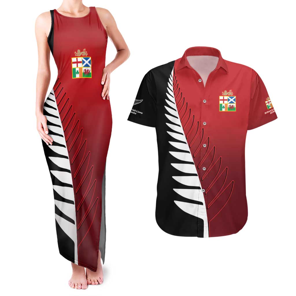 Custom British Lions New Zealand Couples Matching Tank Maxi Dress and Hawaiian Shirt Half Black Fern