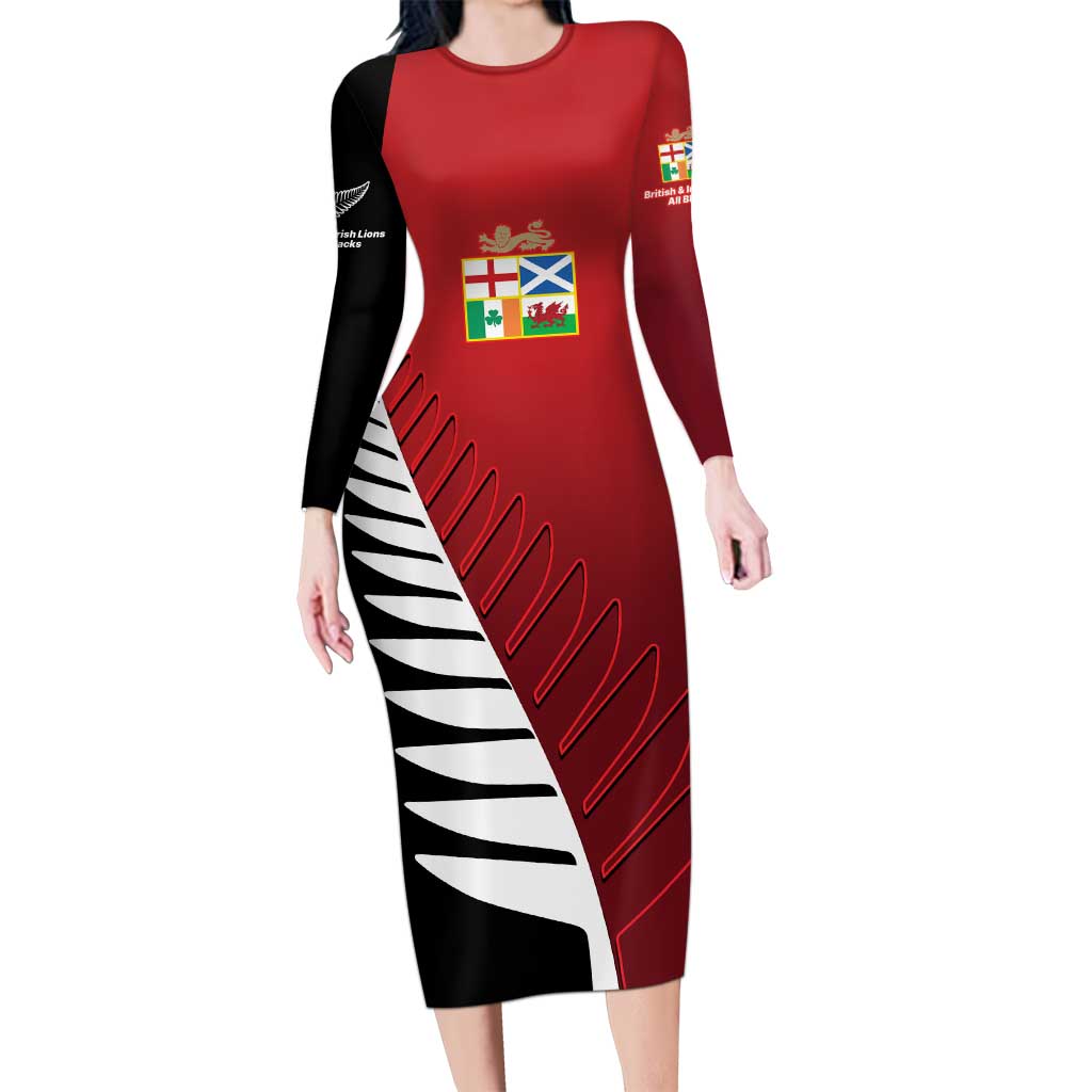 Custom British Lions New Zealand Family Matching Long Sleeve Bodycon Dress and Hawaiian Shirt Half Black Fern LT9 Mom's Dress Red - Polynesian Pride