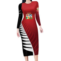 Custom British Lions New Zealand Family Matching Long Sleeve Bodycon Dress and Hawaiian Shirt Half Black Fern LT9 Mom's Dress Red - Polynesian Pride