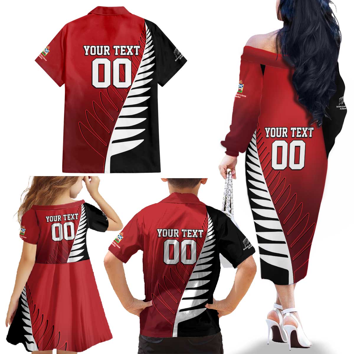 Custom British Lions New Zealand Family Matching Off The Shoulder Long Sleeve Dress and Hawaiian Shirt Half Black Fern