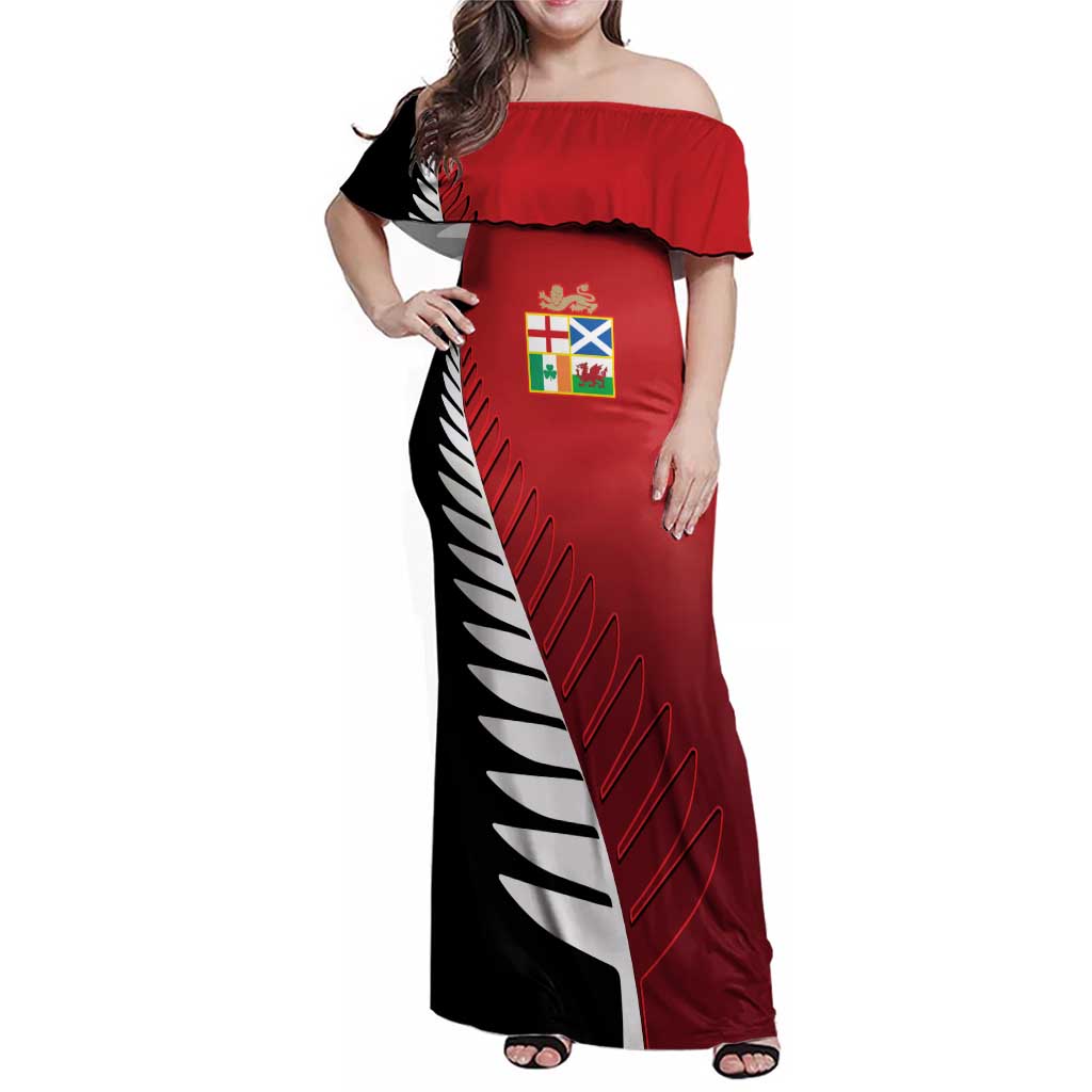 Custom British Lions New Zealand Family Matching Off Shoulder Maxi Dress and Hawaiian Shirt Half Black Fern LT9 Mom's Dress Red - Polynesian Pride