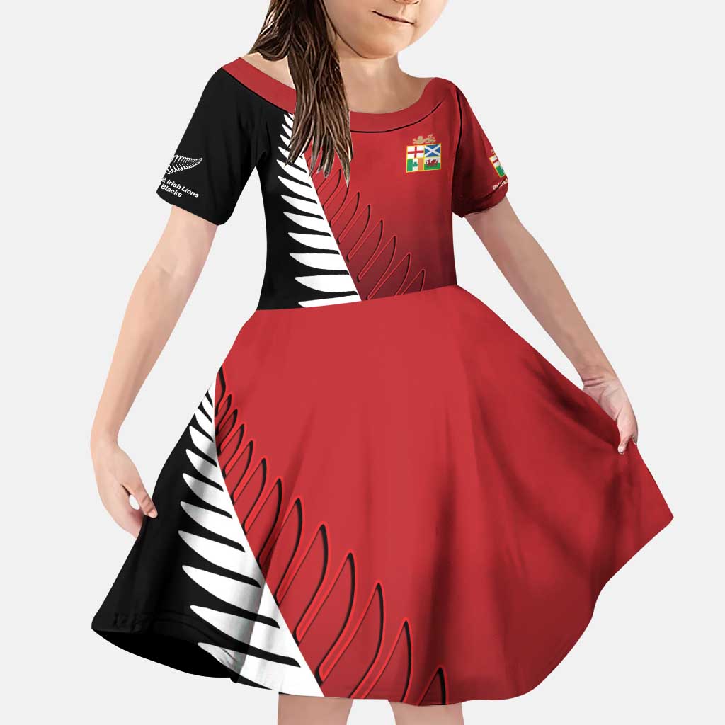 Custom British Lions New Zealand Family Matching Puletasi and Hawaiian Shirt Half Black Fern LT9 Daughter's Dress Red - Polynesian Pride