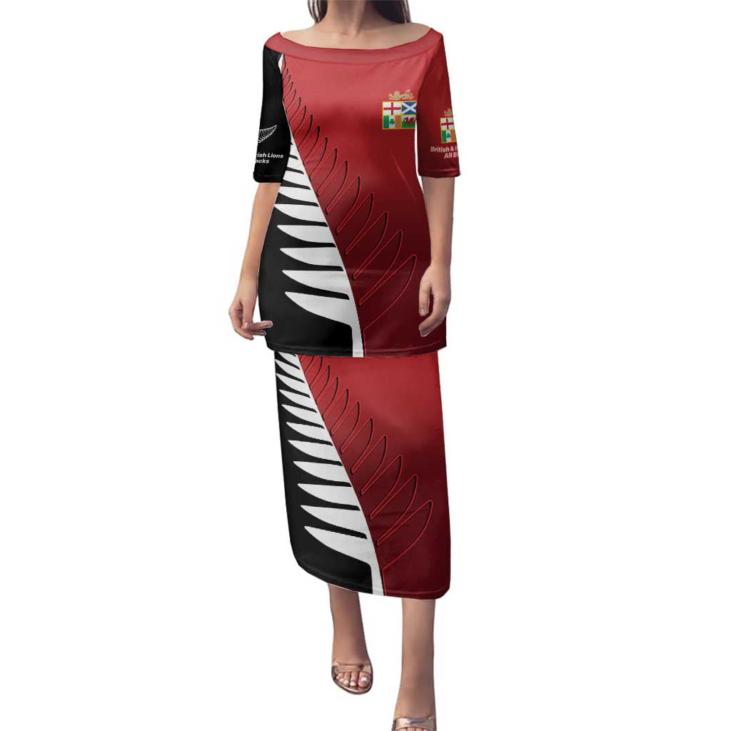 Custom British Lions New Zealand Family Matching Puletasi and Hawaiian Shirt Half Black Fern LT9 Mom's Dress Red - Polynesian Pride