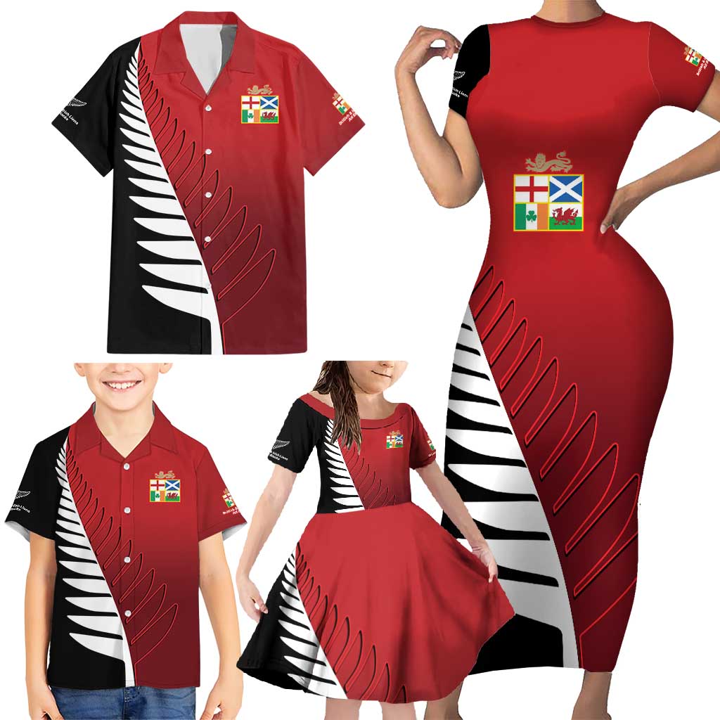Custom British Lions New Zealand Family Matching Short Sleeve Bodycon Dress and Hawaiian Shirt Half Black Fern LT9 - Polynesian Pride