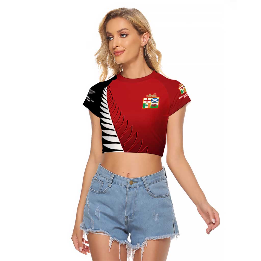 Custom British Lions New Zealand Raglan Cropped T Shirt Half Black Fern LT9 Female Red - Polynesian Pride