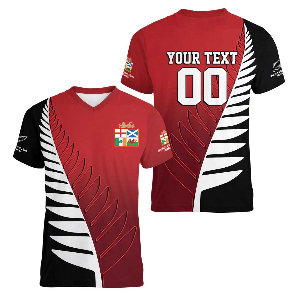 Custom British Lions New Zealand Women V-Neck T-Shirt Half Black Fern