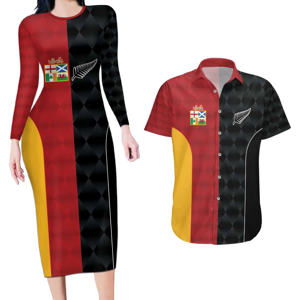 Custom British Lions New Zealand Couples Matching Long Sleeve Bodycon Dress and Hawaiian Shirt Sporty Style LT9 Black - Polynesian Pride