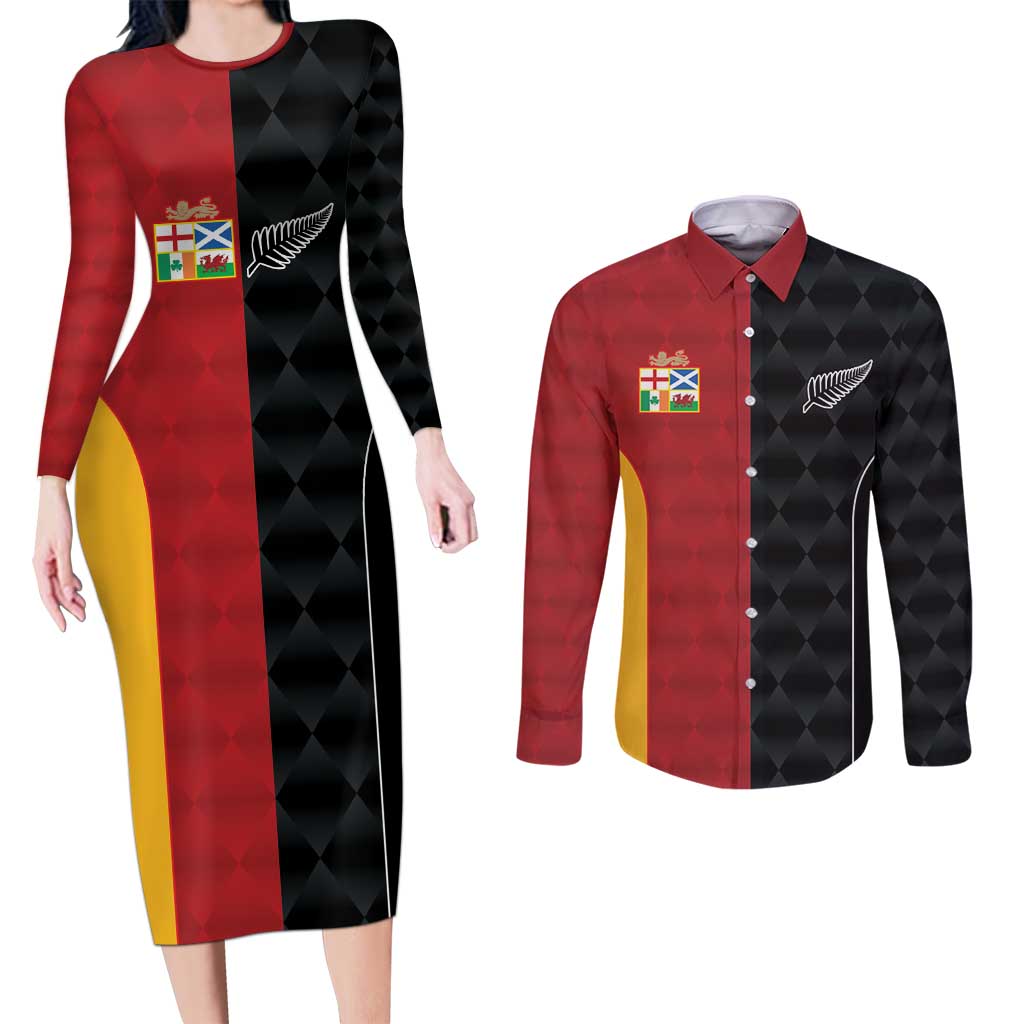 Custom British Lions New Zealand Couples Matching Long Sleeve Bodycon Dress and Long Sleeve Button Shirt Sporty Style LT9 Black - Polynesian Pride