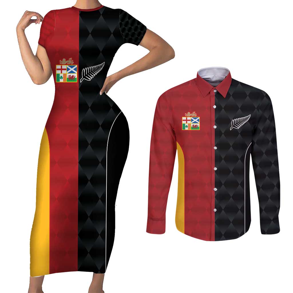 Custom British Lions New Zealand Couples Matching Short Sleeve Bodycon Dress and Long Sleeve Button Shirt Sporty Style LT9 Black - Polynesian Pride