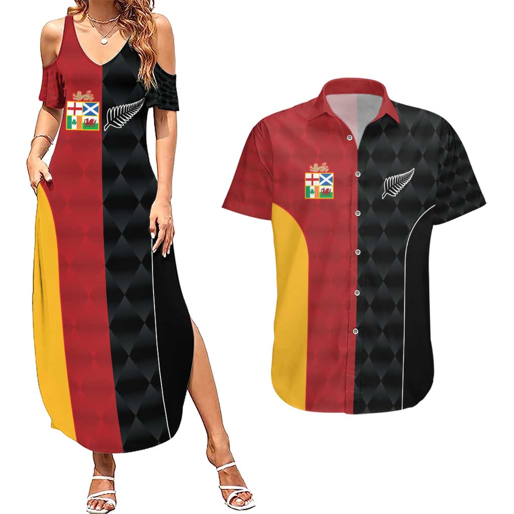 Custom British Lions New Zealand Couples Matching Summer Maxi Dress and Hawaiian Shirt Sporty Style LT9 Black - Polynesian Pride