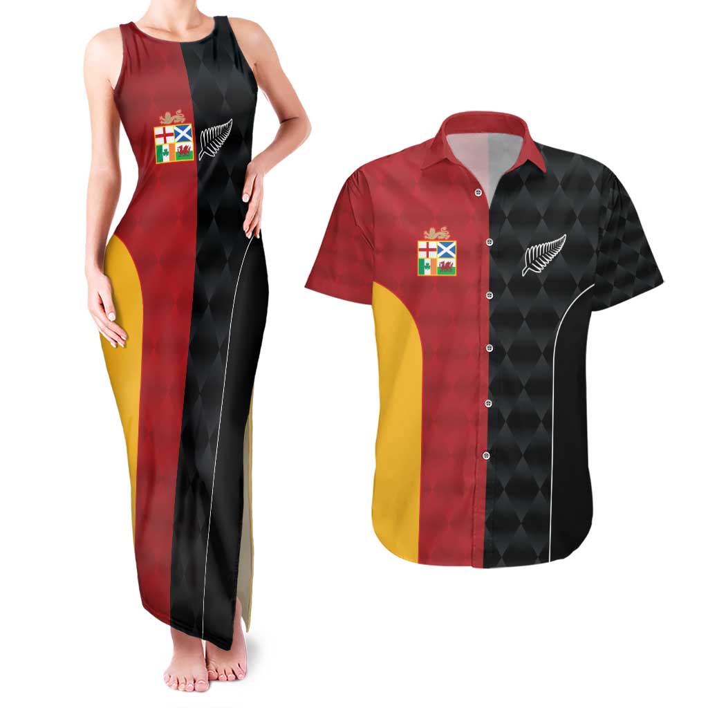 Custom British Lions New Zealand Couples Matching Tank Maxi Dress and Hawaiian Shirt Sporty Style LT9 Black - Polynesian Pride