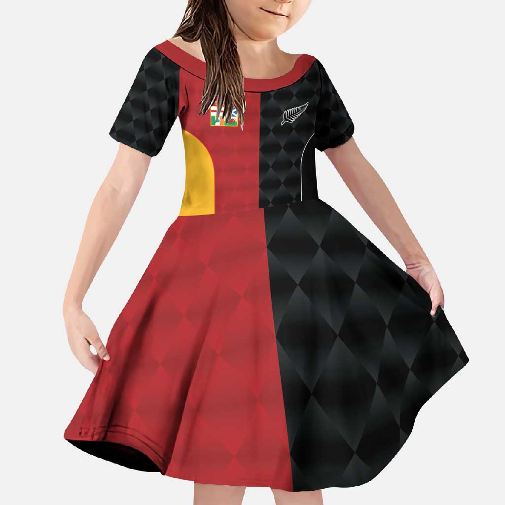 Custom British Lions New Zealand Family Matching Off Shoulder Maxi Dress and Hawaiian Shirt Sporty Style LT9 Daughter's Dress Black - Polynesian Pride