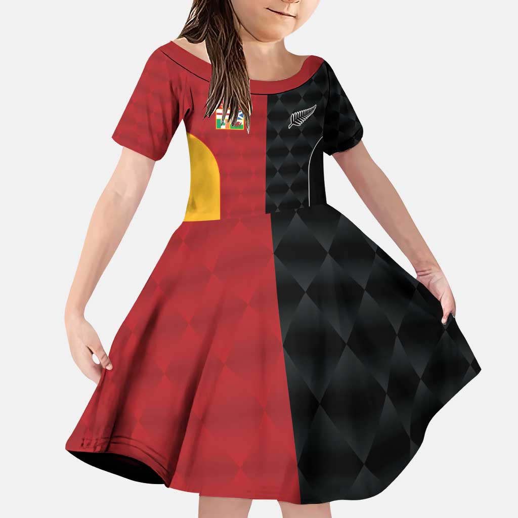 Custom British Lions New Zealand Family Matching Puletasi and Hawaiian Shirt Sporty Style LT9 Daughter's Dress Black - Polynesian Pride