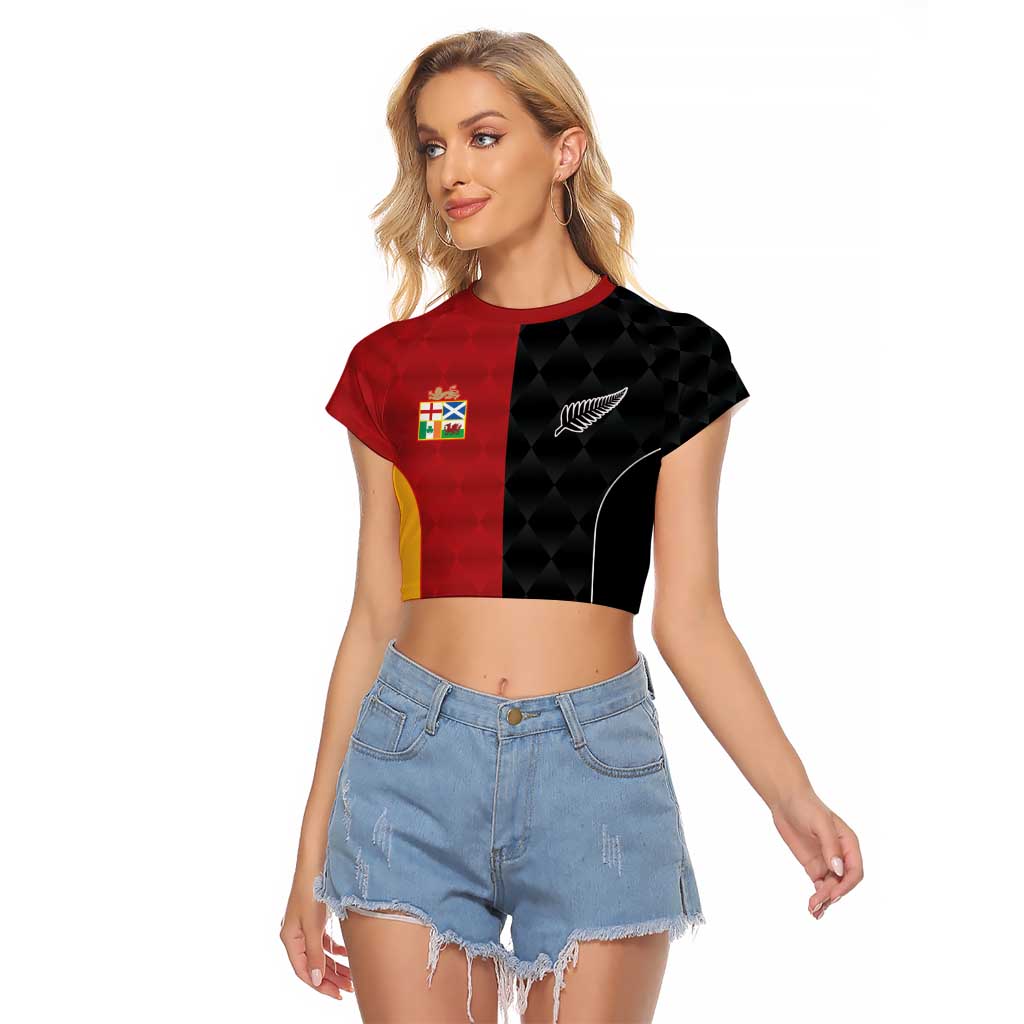 Custom British Lions New Zealand Raglan Cropped T Shirt Sporty Style LT9 Female Black - Polynesian Pride