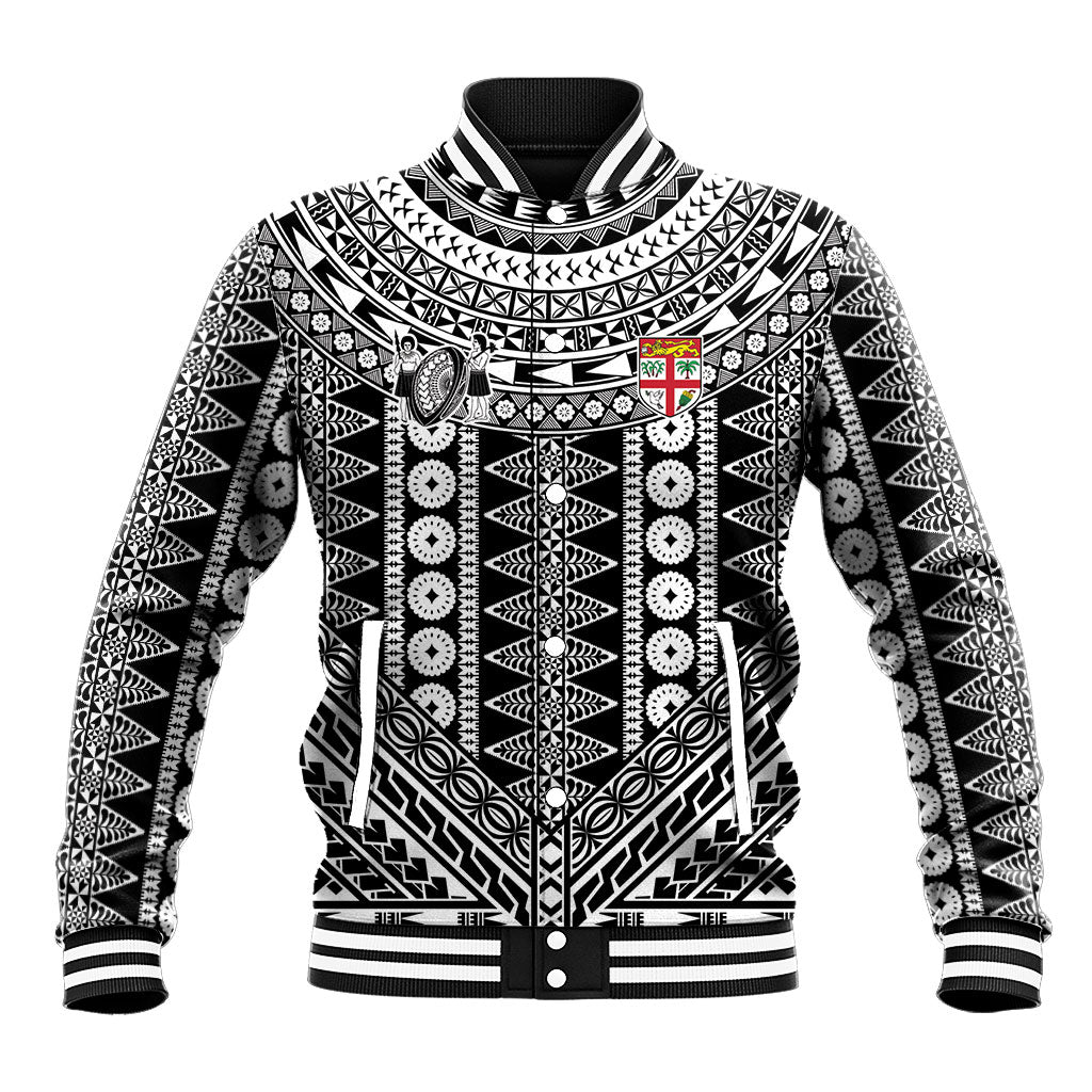 Fiji Custom Rugby National Heritage Baseball Jacket Black Traditional Masi Inspired LT9 Unisex Black - Polynesian Pride