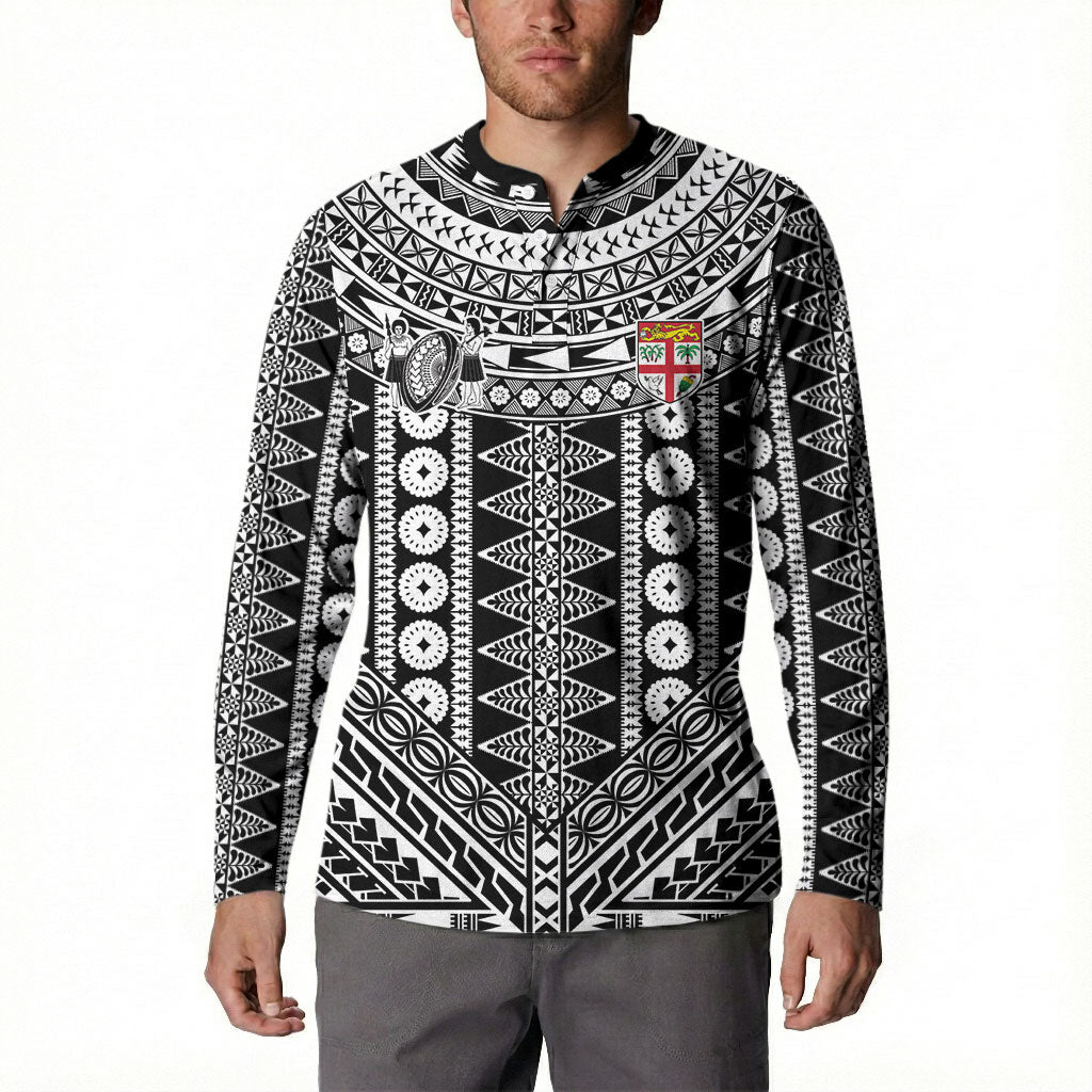 Fiji Custom Rugby National Heritage Button Sweatshirt Black Traditional Masi Inspired