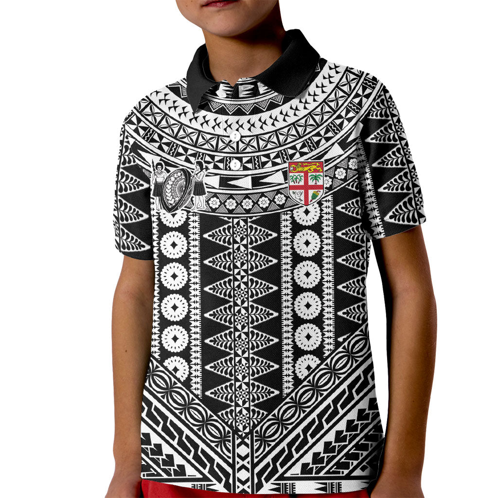Fiji Custom Rugby National Heritage Kid Polo Shirt Black Traditional Masi Inspired