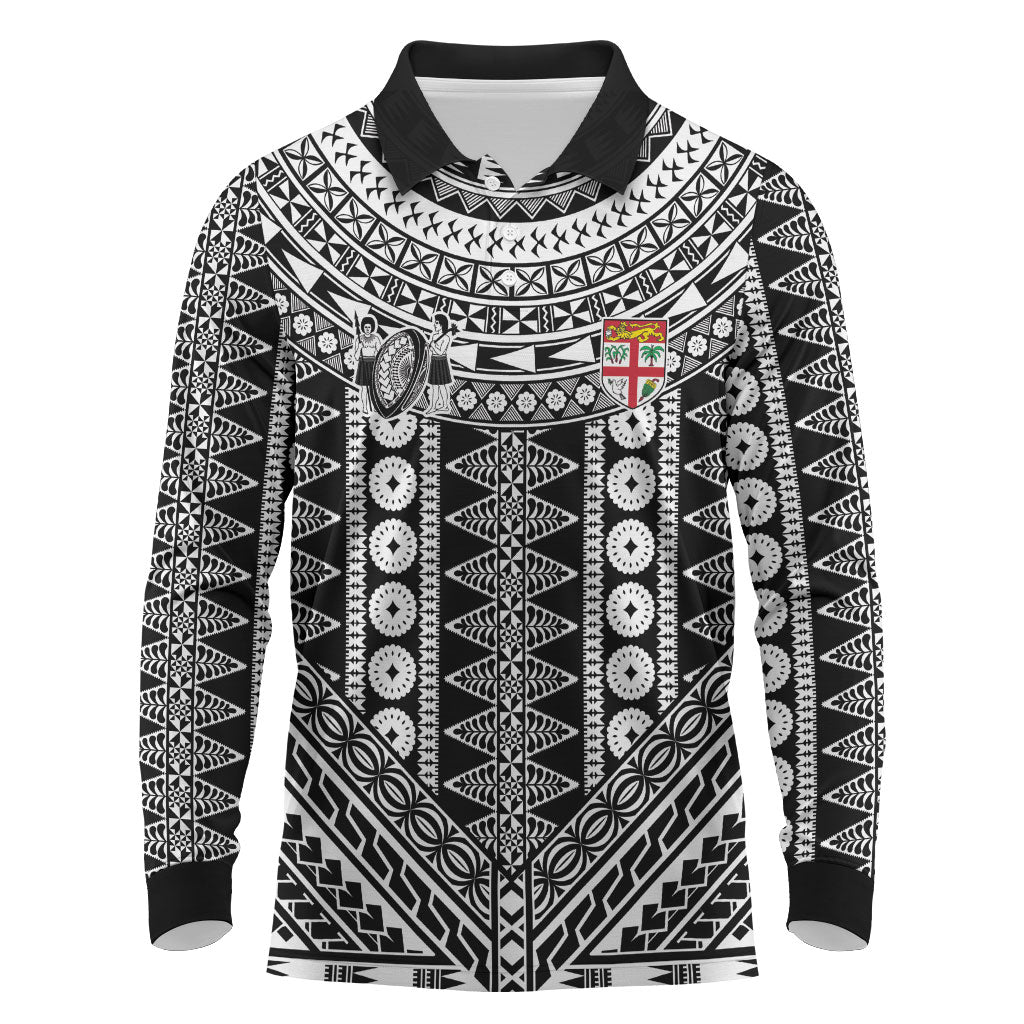 Fiji Custom Rugby National Heritage Long Sleeve Polo Shirt Black Traditional Masi Inspired