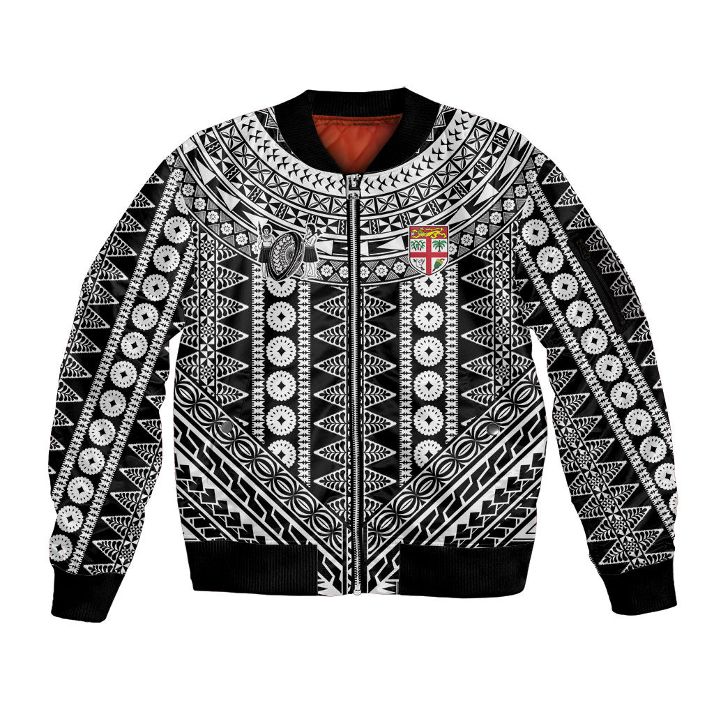 Fiji Custom Rugby National Heritage Sleeve Zip Bomber Jacket Black Traditional Masi Inspired