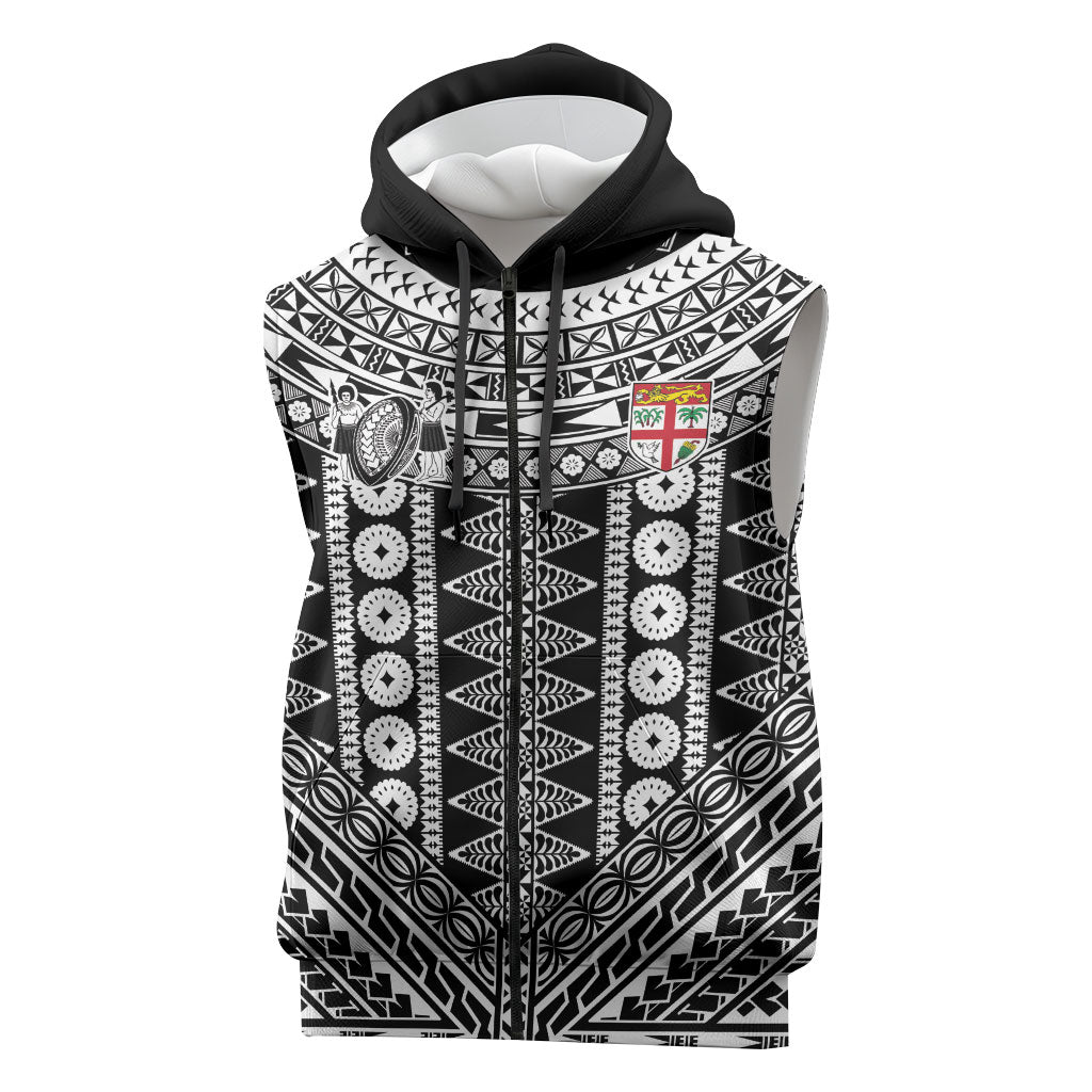 Fiji Custom Rugby National Heritage Sleeveless Zip Hoodie Black Traditional Masi Inspired