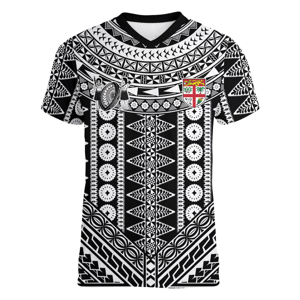 Fiji Custom Rugby National Heritage Women V-Neck T-Shirt Black Traditional Masi Inspired