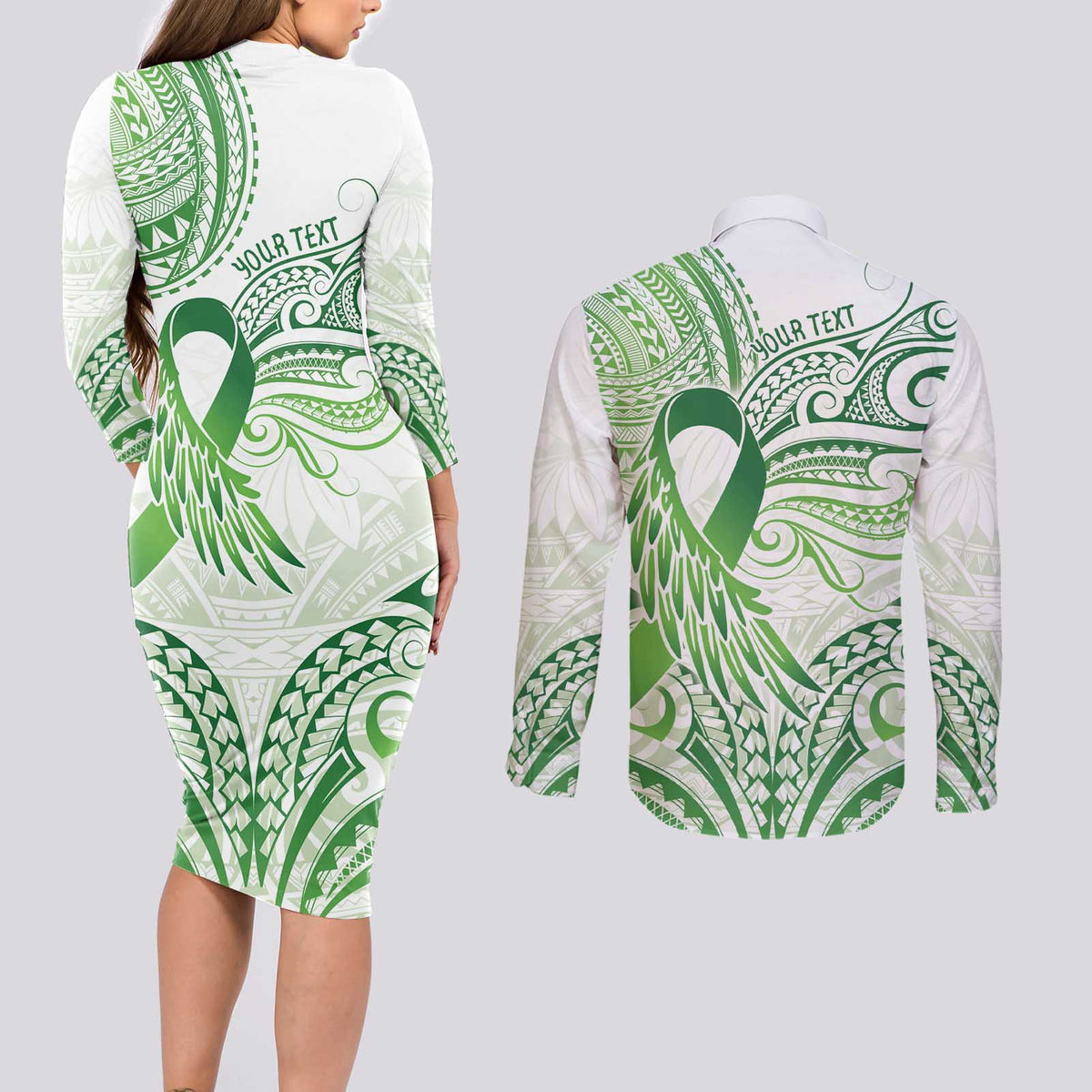 Its Okay Green Ribbon Personalised Couples Matching Long Sleeve Bodycon Dress and Long Sleeve Button Shirt Polynesian Depression Awareness