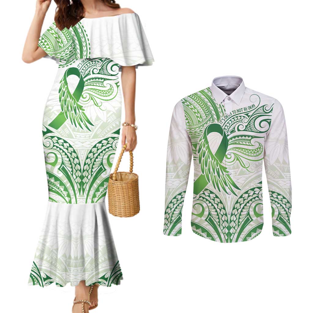 Its Okay Green Ribbon Personalised Couples Matching Mermaid Dress and Long Sleeve Button Shirt Polynesian Depression Awareness