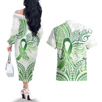 Its Okay Green Ribbon Personalised Couples Matching Off The Shoulder Long Sleeve Dress and Hawaiian Shirt Polynesian Depression Awareness