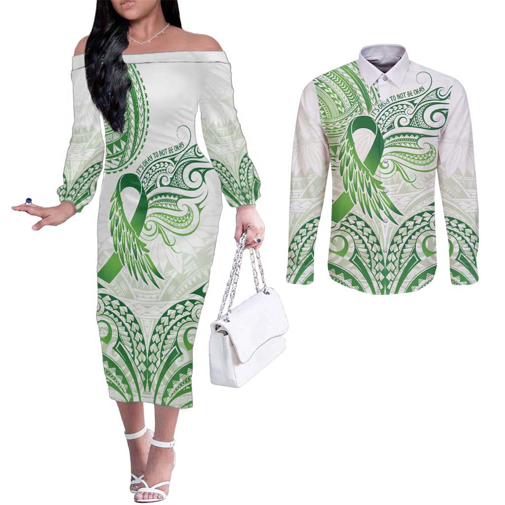 Its Okay Green Ribbon Personalised Couples Matching Off The Shoulder Long Sleeve Dress and Long Sleeve Button Shirt Polynesian Depression Awareness