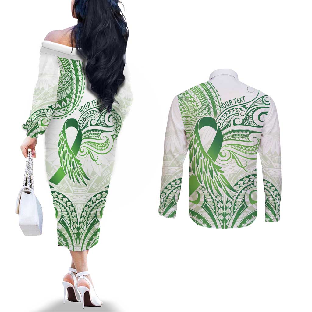 Its Okay Green Ribbon Personalised Couples Matching Off The Shoulder Long Sleeve Dress and Long Sleeve Button Shirt Polynesian Depression Awareness