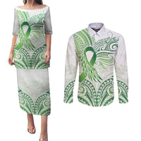 Its Okay Green Ribbon Personalised Couples Matching Puletasi and Long Sleeve Button Shirt Polynesian Depression Awareness