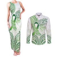Its Okay Green Ribbon Personalised Couples Matching Tank Maxi Dress and Long Sleeve Button Shirt Polynesian Depression Awareness LT9 Green - Polynesian Pride
