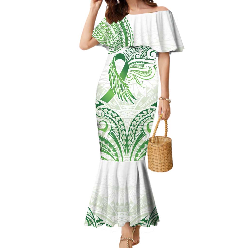 Its Okay Green Ribbon Personalised Family Matching Mermaid Dress and Hawaiian Shirt Polynesian Depression Awareness